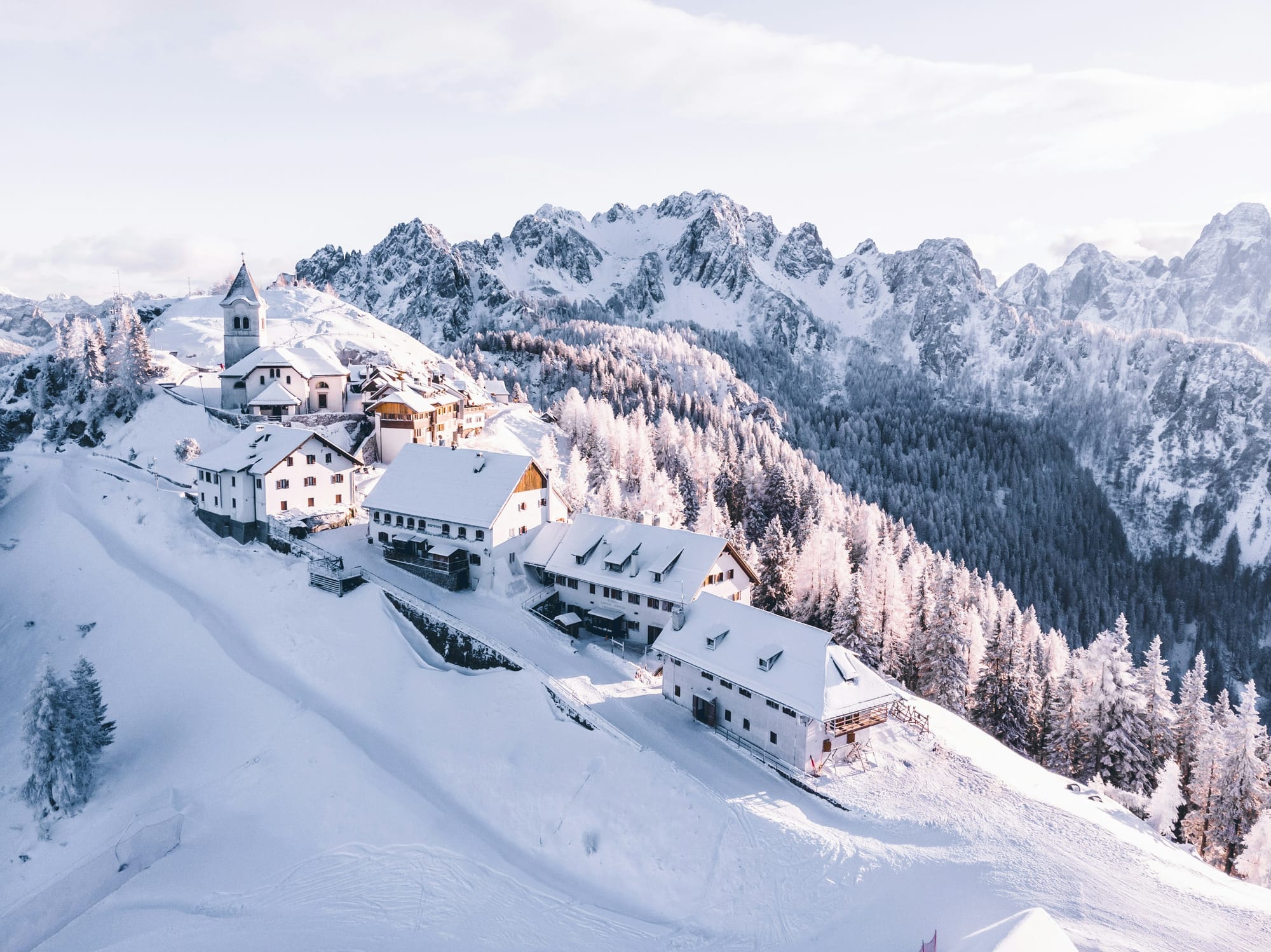 Alpine snowy landscape during the quiet winter off-season in Italy.