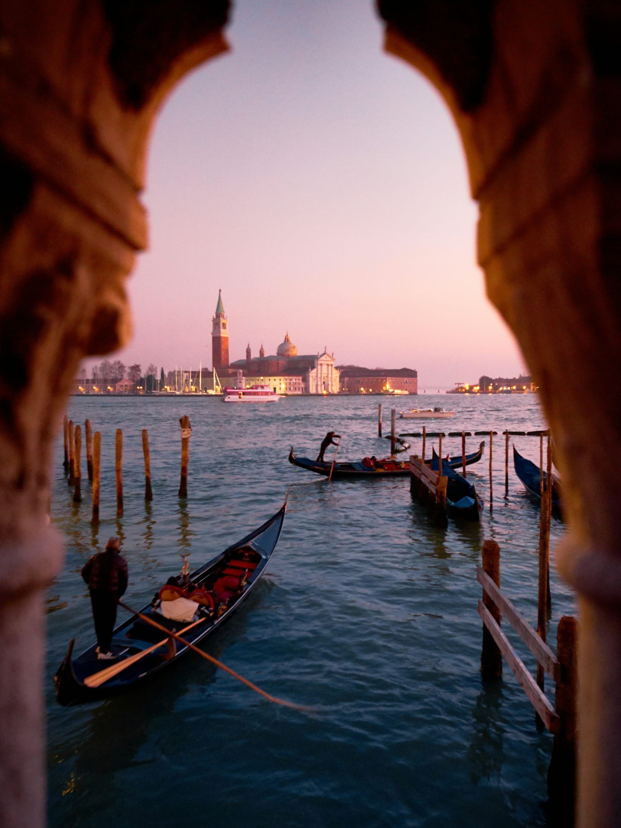 A gondola navigating in Venice.